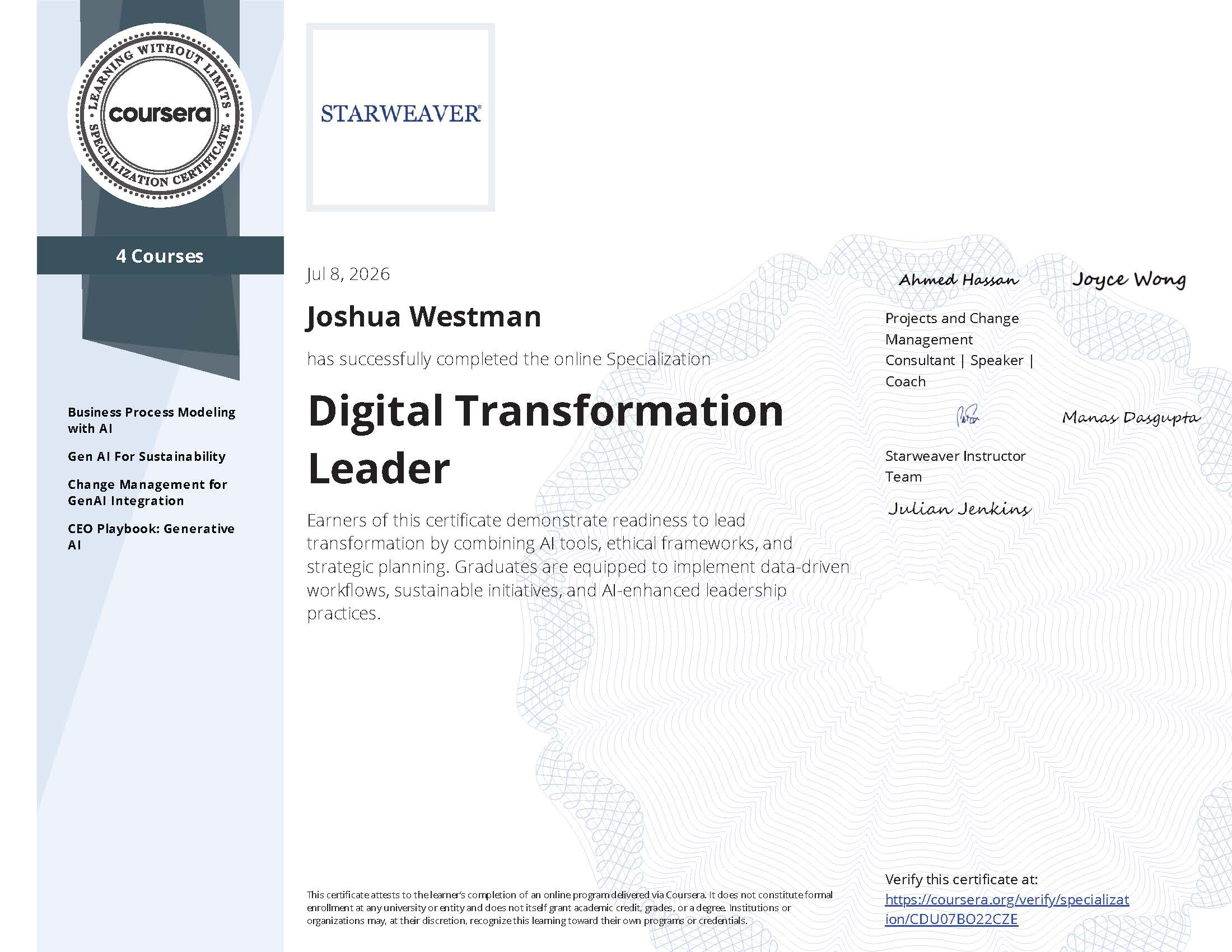 Coursera specialization certificate: Digital Transformation Leader, issued to Joshua Westman by Starweaver on July 8, 2026, four courses