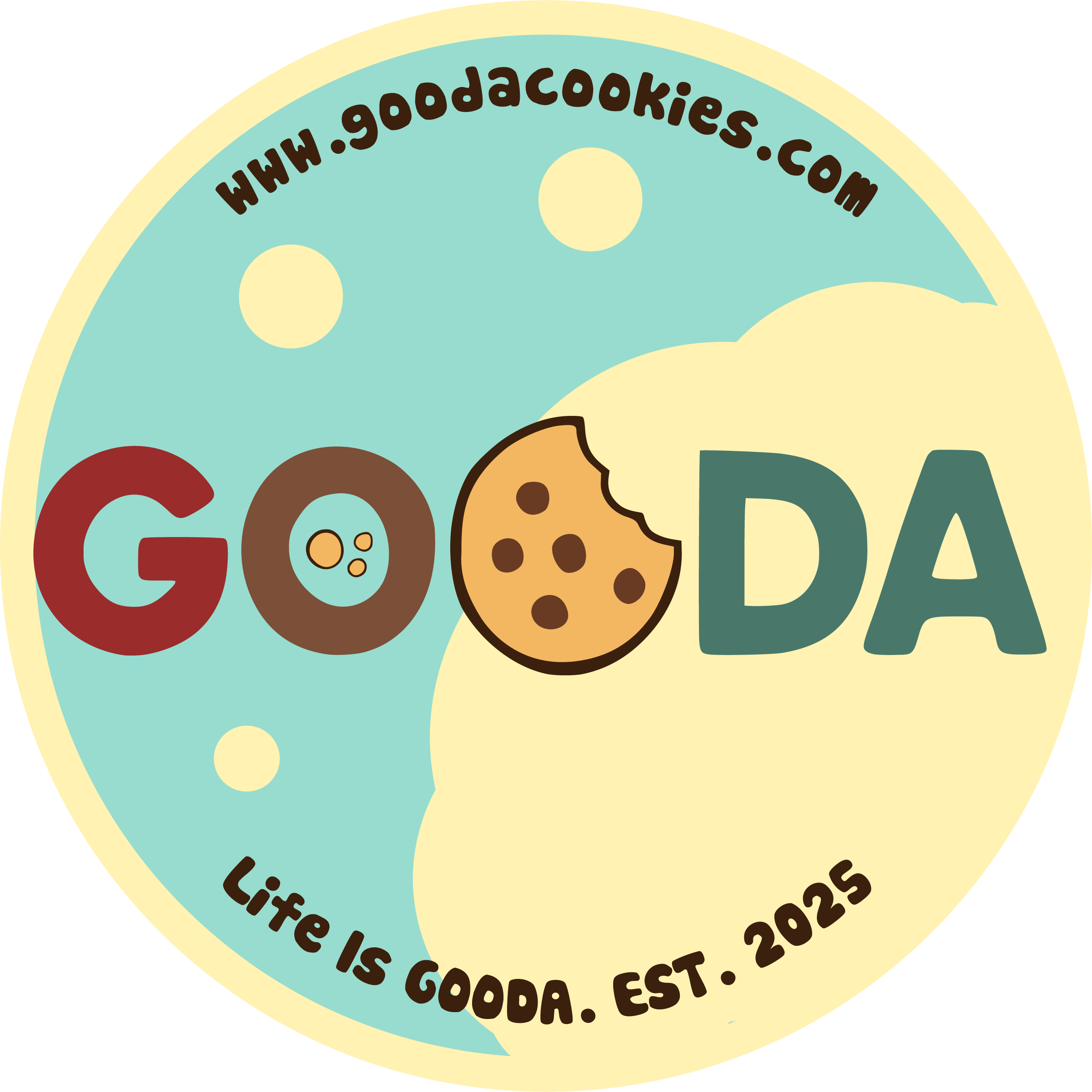 GOODA round badge logo: a split mint and cream circle with a bitten chocolate chip cookie standing in for the second O