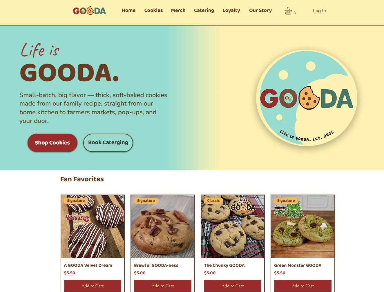 GOODA storefront: the round badge logo beside the Life is GOODA hero, above a Fan Favorites product row showing four flavors with prices